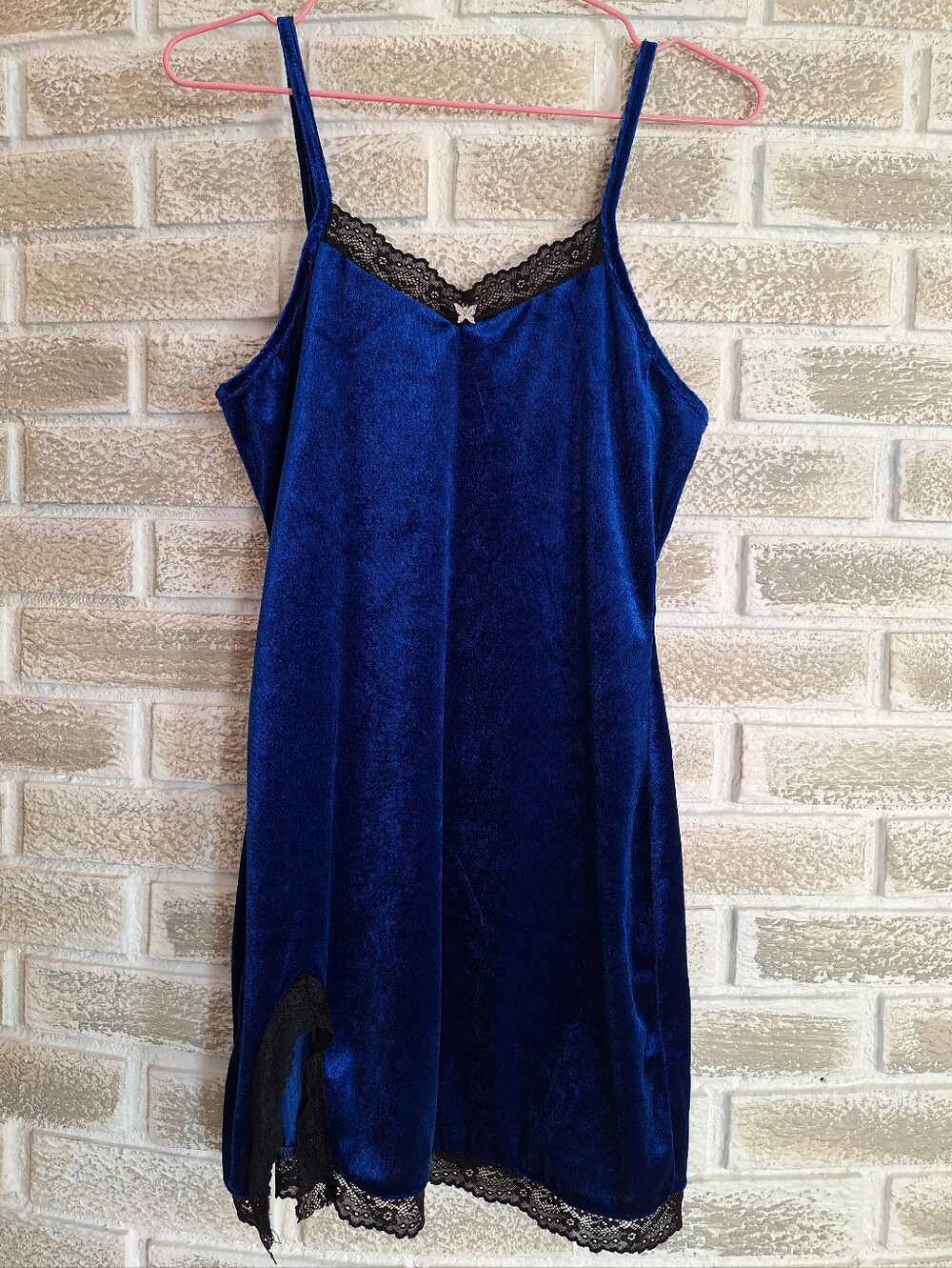Velvet and Lace Split Hem Slip Dress with Metal Rhinestone Butterfly Charm S